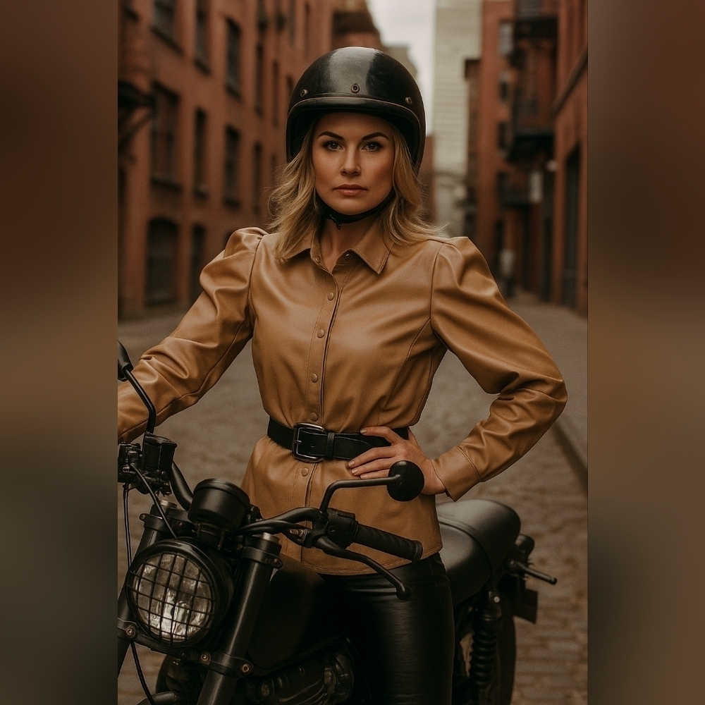NWOT 7 For All Mankind faux-leather jacket in tan colour.